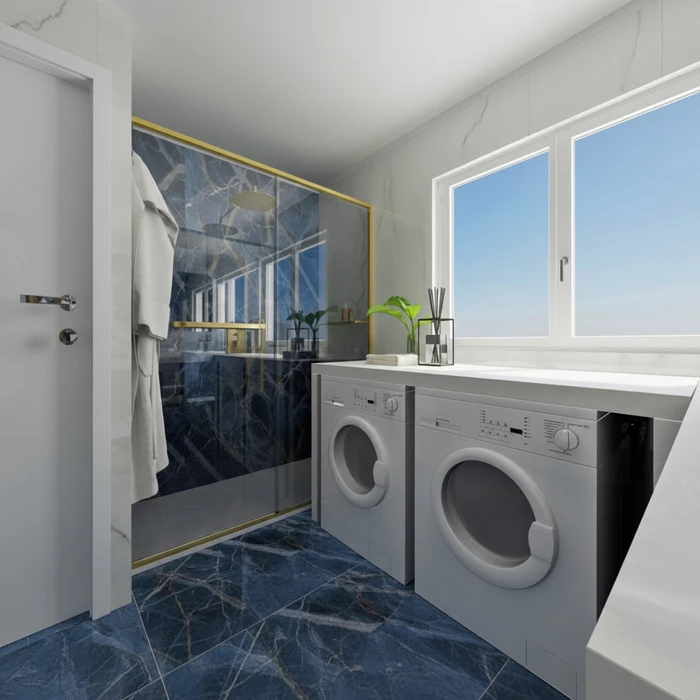 Salle de bain moderne avec douche à l'italienne et espace buanderie intégré