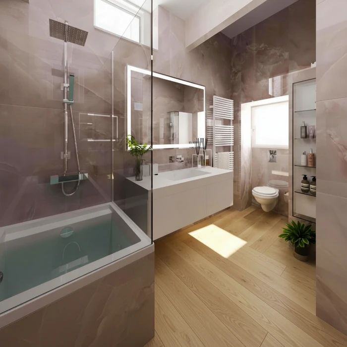 Salle de bain moderne avec baignoire encastrée, douche à l'italienne avec paroi vitrée, vasque suspendue blanche et miroir LED