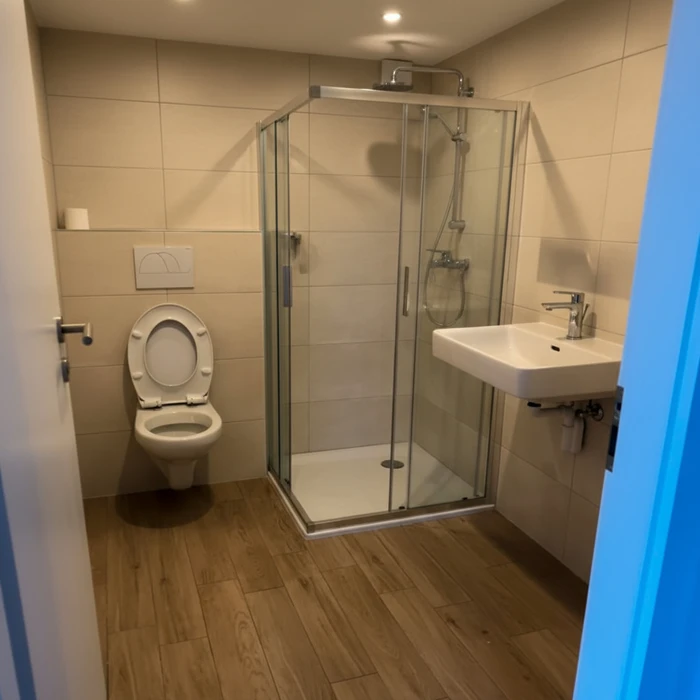 Salle de bain moderne avec douche à l'italienne, WC suspendu et vasque murale